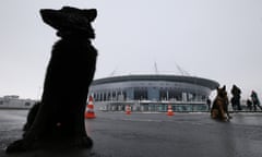 First spectators inspect Zenit Arena stadium in St Petersburg, Russia<br>ST PETERSBURG, RUSSIA - FEBRUARY 11, 2017: Dogs by Zenit Arena, a new stadium on Krestovsky Island in St Petersburg, as first spectators visit the stadium. Almost 10, 000 people test the stadium’s readiness to host 2017 FIFA Confederations Cup and 2018 FIFA World Cup matches. Peter Kovalev/TASS (Photo by Peter Kovalev\TASS via Getty Images)