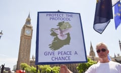 A protester holds a sign in support of the Northern Ireland protocol