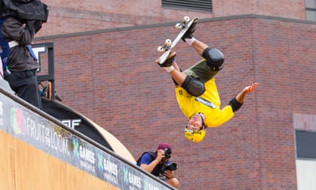 Andy Macdonald flips during the Skateboard Vert Final at X Games in July 2017 at US Bank Stadium in Minneapolis