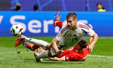 Hungary’s Barnabas Varga scores their first goal to make it 2-1 to Switzerland.