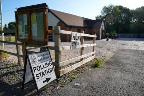 A polling station sign outside Monk Sherborne Village Hall in Hampshire.