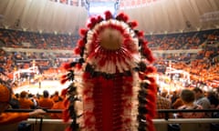Illinois students try to keep Chief alive despite decades of criticism<br>Student Omar Cruz, 20, inside the State Farm Center as he portrays Chief Illiniwek during halftime at a University of Illinois basketball game on February 28, 2016, in Champaign, Ill. Chief Illiniwek was the official mascot of the University of Illinois at Urbana-Champaign, but was retired in 2007 after controversy involving the NCAA and several Native American groups. An unofficial group still names a student to act as the Chief at select games. (Erin Hooley/Chicago Tribune/Tribune News Service via Getty Images)