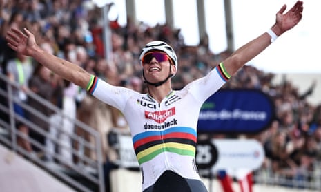 Mathieu van der Poel crosses the finish line to win the 121st edition of the Paris-Roubaix one-day classic