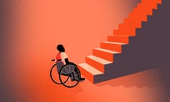 man in wheelchair at bottom of stair case