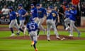 The Texas Rangers celebrate after sealing their place in the World Series