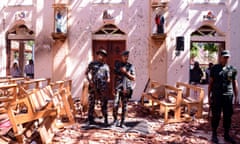 Sri Lankan soldiers in St Sebastian's church in Negombo, after the bomb blast on Easter Sunday, 2019.