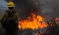 A firefighter keeps watch as crews light backfires near Groveland, California