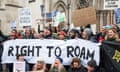 Campaigners outside the royal courts of justice with banners and signs reading 'right to roam'