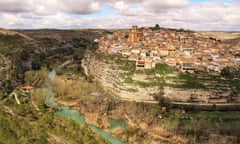 The village of Jorquera on the mountain and the river Cabriel surrounding it. Jorquera, Castilla la Mancha, Spain.<br>MCEJXD Panoramic of the village of Jorquera on the mountain and the river Cabriel surrounding it. Jorquera, Castilla la Mancha, Spain.