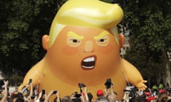 FILE - In this Friday, July 13, 2018 file photo a six-meter high cartoon baby blimp of U.S. President Donald Trump is flown as a protest against his visit, in Parliament Square in London, England. Trump is making his first trip to Britain as president after a tense summit with NATO leaders in Brussels and on the heels of ruptures in British Prime Minister Theresa May’s government because of the crisis over Britain’s exit from the European Union. (AP Photo/Matt Dunham, File)