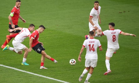 Christoph Baumgartner scores Austria’s second goal.