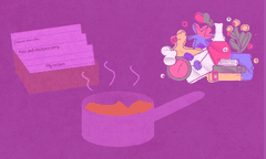 Illustration with reference cards and cooking pot