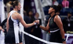 Karolina Pliskova (left) greets Naomi Osaka after their quarter-final at the Qatar Open.