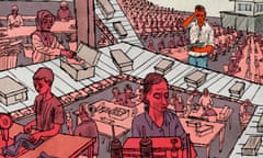 A nightmarish depiction of people at work at an assembly line