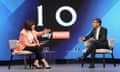 Beth Rigby and Rishi Sunak sitting on chairs on a stage.