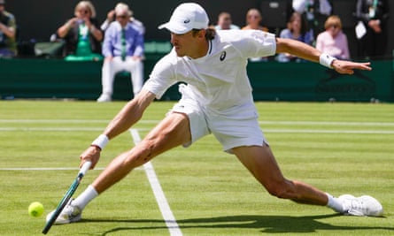 Alex de Minaur plays a backhand return in his second round win over Spain’s Jaume Munar.