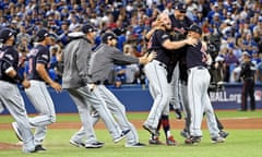The Cleveland Indians celebrate beating the Toronto Blue Jays in Game 5