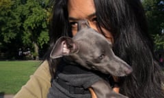 NEW YORK, NEW YORK-OCTOBER 8, 2015: Anamaria and her dog Iggy during their morning walk in Central Parc, New York. In the USA it is common for dog owners to sleep with their dog in bed. Iggy sleeps mostly in Anamaria’s bed and likes to cuddle. (Photo by Clémence de Limburg for the Guardian)