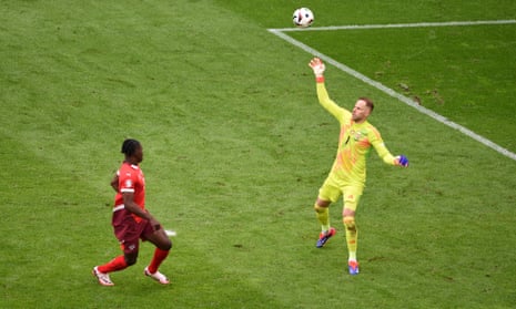 Breel Embolo of Switzerland scores his team’s third goal against Hungary.