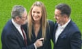 From left to right, Keir Starmer, Laura Woods and Gary Neville on the pitch