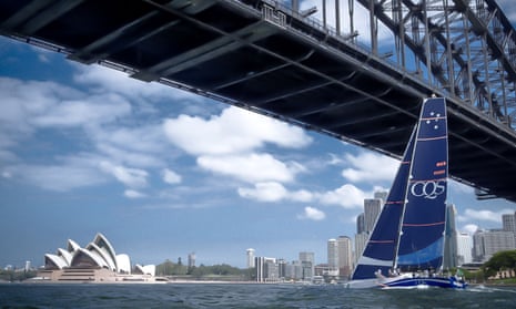 100ft super-maxi racing yacht CQS pictured sailing under the Sydney Harbour Bridge