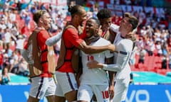 Raheem Sterling, centre, celebrates after scoring for England against Croatia in the group stages of Euro 2020.