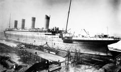 RMS Titanic being fitted out at Harland and Wolf Shipyard, Belfast.