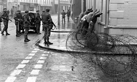 British army stopping men who had guns in vans, Belfast, Northern Ireland, July 1972.