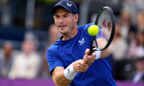 Andy Murray plays a return to Jordan Thompson during their singles match at Queen's this month