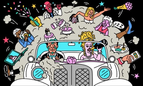 illustration of a bride and groom in a wedding car with an explosion of chaotic things popping out behind them