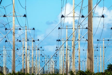 Energy poles by Florida Power and Light from Turkey Point nuclear generating station in Miami, Florida.