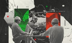 A collage of men in hard hats and oil rigs against a backdrop of a map of Mexico