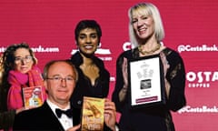 Last word … Monique Roffey, left, Philip Pullman and, right, the final Costa book of the year winner Hannah Lowe with judges’ chair Reeta Chakrabarti.