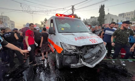 Damaged ambulance at the entrance of Shifa hospital in Gaza City. 