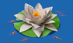 A goldfish pond with lilies made from the pages of books