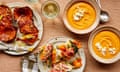(L to R) – roast butternut squash with miso, soy and toasted sesame seeds (aka pumpkin nasu dengaku), squash bruschetta with sunflower and pumpkin seed pesto, pumpkin and chilli soup with feta.