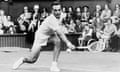 FILE - Vic Seixas of the United States backhands a volley from Denmark's Jurgen Ulrich in the first round of men's singles match at Wimbledon, England, June 27, 1967. Vic Seixas, a Wimbledon winner and tennis Hall of Famer who was the oldest living Grand Slam champion, has died at the age of 100. The International Tennis Hall of Fame announced Seixas’ death on Saturday July 6, 2024, based on confirmation from his daughter Tori. (AP Photo/File)