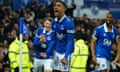 Lewis Dobbin celebrates after scoring Everton's second goal of the game against Chelsea.