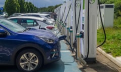 A row of cars charging at Wetherby Services, North Yorkshire.