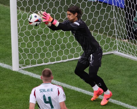 Switzerland goalkeeper Yann Sommer makes a save during the Euro 2024 group game between Hungary and Switzerland.