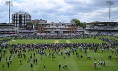 Spectators are allowed on to the outfield after England’s innings win over West Indies at Lord’s.