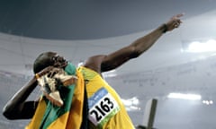 Usain Bolt celebrates winning the men’s 200m final at the Bird’s Nest stadium during the 2008 Beijing Olympic Games on 20 August 2008.