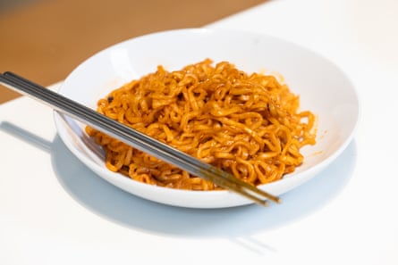 Buldak’s spicy ramyeon, also known as “fire noodles”.