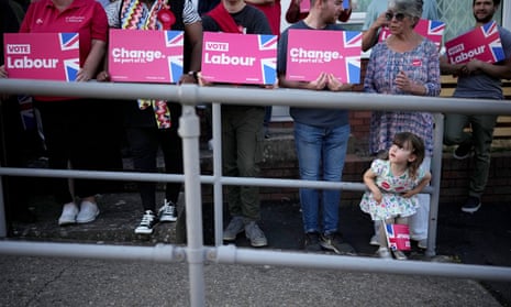 upporters wait for labour leader Keir Starmer as he visits a community centre in Worcestershire on 3 July 2024 in Redditch, United Kingdom.