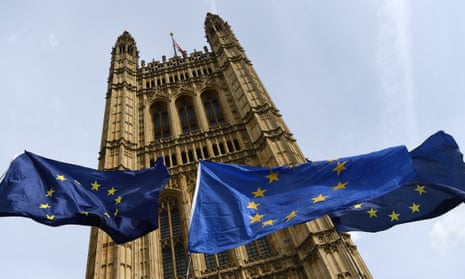 EU flags fly outside the Houses of Parliament in Westminster.