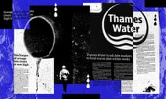 A leaking pipe, Thames Water engineers and Thames Water logo overlaid with archive Guardian stories.