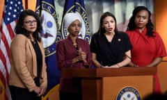 Democrat Congresswomen press conference, Washington DC, USA - 15 Jul 2019<br>Mandatory Credit: Photo by Carol Guzy/ZUMA Wire/REX/Shutterstock (10337591a) Rep. Alexandria Ocasio-Cortez (D-NY) speaks and Reps. Rashida Tlaib (D-MI), Ilhan Omar (D-MN) and Ayanna Pressley (D-MA) listen. Democrat Congresswomen press conference, Washington DC, USA - 15 Jul 2019