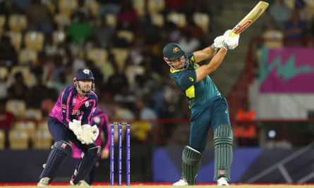 Marcus Stoinis of Australia batting as Matthew Cross of Scotland keeps wicket during the T20 Cricket World Cup