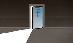 illustration: a smartphone with a facebook logo on its screen forming an opening door with a shaft of light coming through the gap