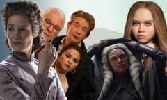 Composite image of Vicky Krieps in Corsage; Steve Martin, Selena Gomez and Martin Short in Only Murders In the Building; Rosario Dawson in Ahsoka; and M3GAN